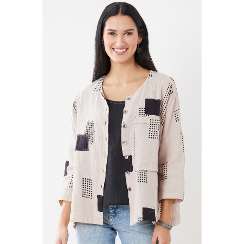 Rishra Cotton Double Gauze Block Print Jacket - Natural/Black