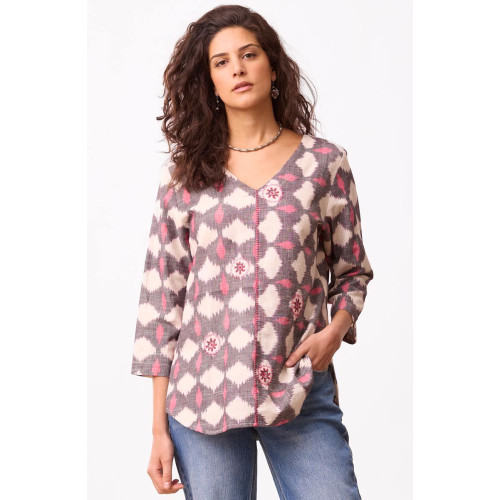 V-neck Divya 3/4-Sleeve Popover Top - Natural/Pink/Grey V-neck Divya 3/4-Sleeve Popover Top - Natural/Pink/Grey