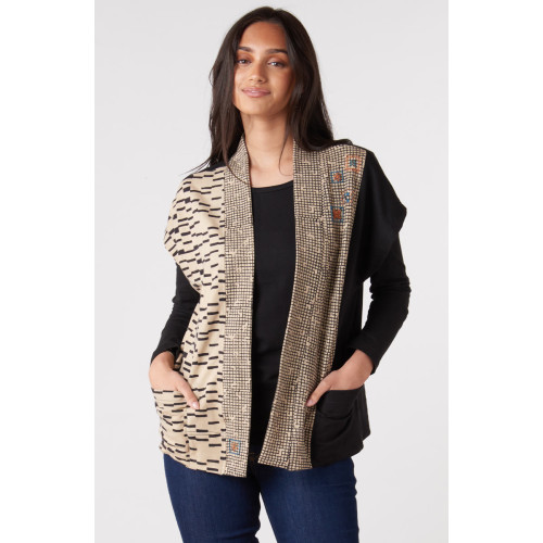 Naina Block Print French Terry Vest - Natural/Black Naina Block Print French Terry Vest - Natural/Black