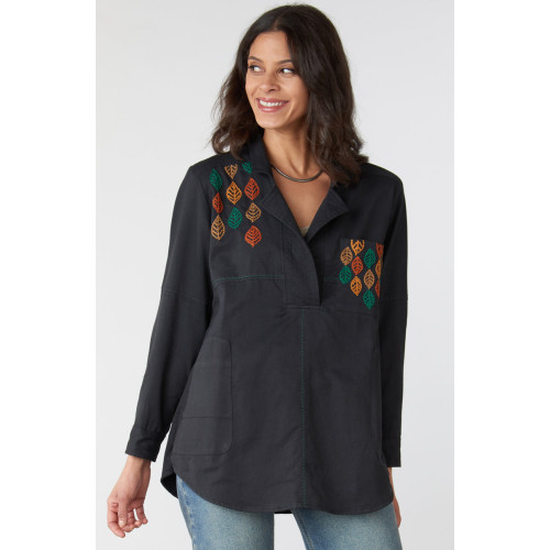 Kiana Embroidered Wide-Placket Shirt - Black Kiana Embroidered Wide-Placket Shirt - Black