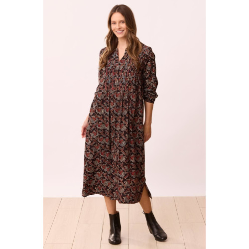 Anvita Long-Sleeve Pleated Midi Shirtdress - Black/Multi